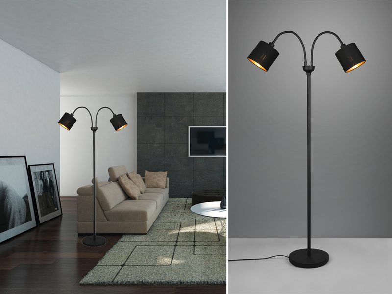 Stehlampe 2-flammig mit Flexarm Stoffschirme Schwarz Gold mit E14 LED Höhe 130cm