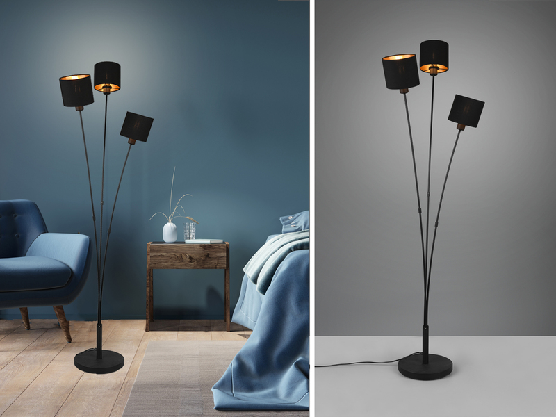 Stehlampe 3-flammig Stoffschirme Schwarz Gold inkl. E14 LED, Höhe 150cm