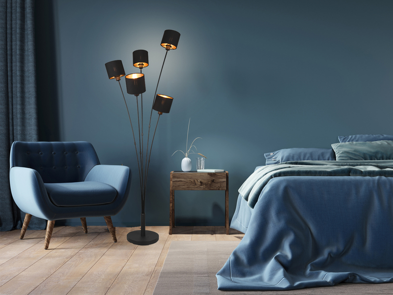 Stehlampe 5-flammig Stoffschirme Schwarz Gold inkl. E14 LED, Höhe 163cm
