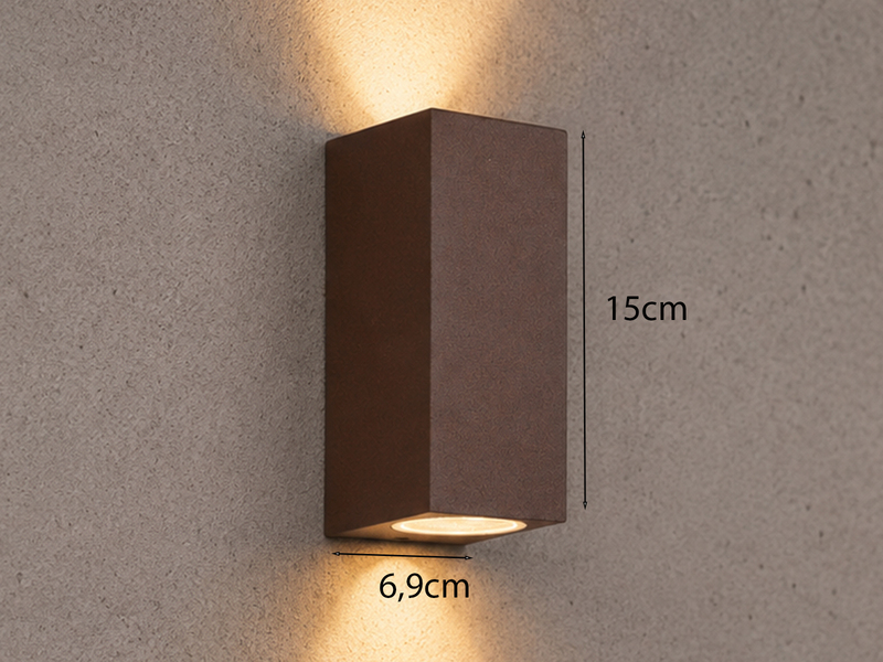Eckige Außenwandleuchte Up and Down Rostoptik mit GU10 LED, Höhe 15cm