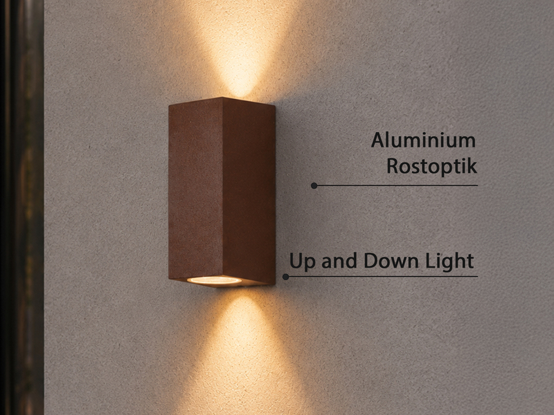 Eckige Außenwandleuchte Up and Down Rostoptik mit GU10 LED, Höhe 15cm