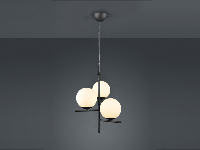 Pendelleuchte PURE 3-flammig Schwarz mit Kugel Lampenschirmen Glas Weiß, Ø 40cm