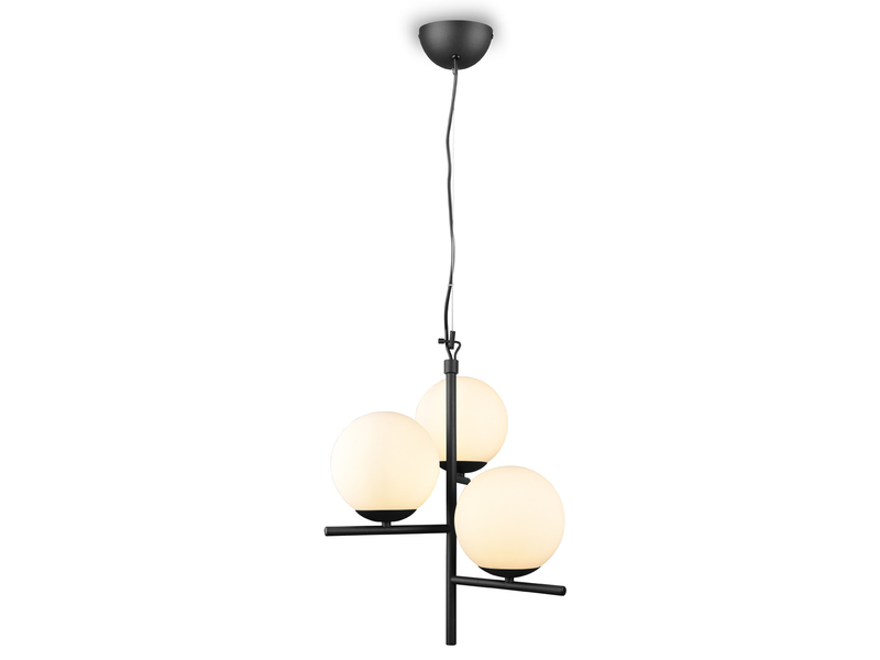 Pendelleuchte PURE 3-flammig Schwarz mit Kugel Lampenschirmen Glas Weiß, Ø 40cm