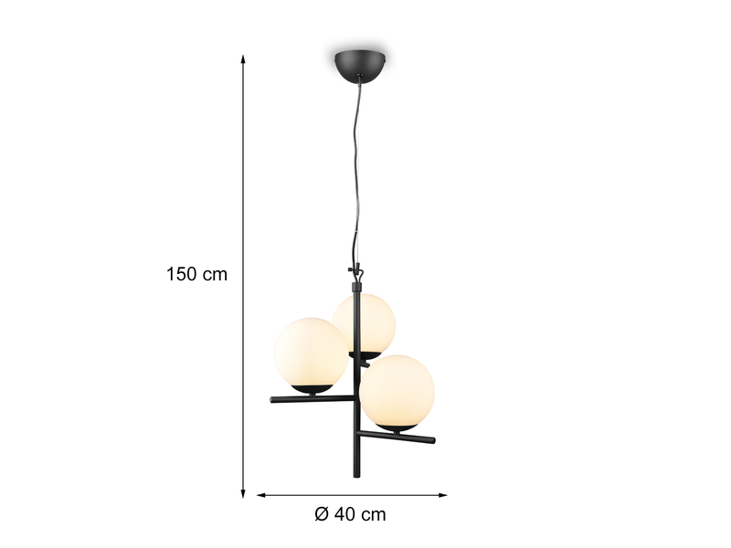 Pendelleuchte PURE 3-flammig Schwarz mit Kugel Lampenschirmen Glas Weiß, Ø 40cm