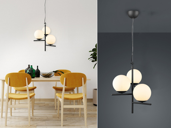 Pendelleuchte PURE 3-flammig Schwarz mit Kugel Lampenschirmen Glas Weiß, Ø 40cm