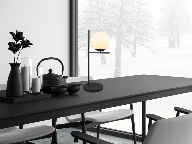 Tischleuchte PURE in Schwarz matt mit Kugel Lampenschirm aus Glas in Weiß