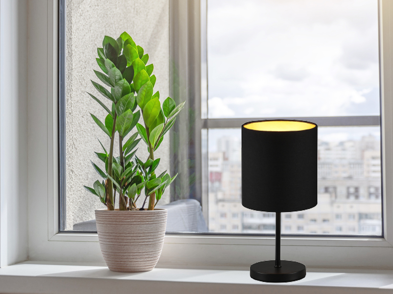 LED Tischleuchte mit Stoffschirm in Schwarz innen Gold, 28cm hoch