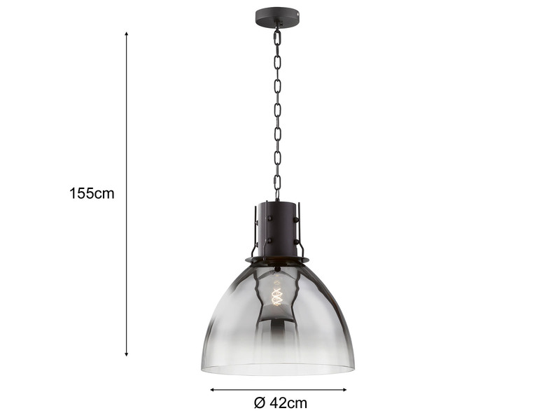 Pendelleuchte LONDO Industrial mit Rauchglas Lampenschirm Ø 42cm