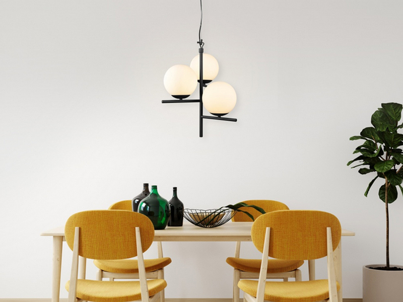 LED Pendelleuchte 3-flammig Schwarz mit Kugel Lampenschirmen Glas Weiß, Ø 40cm