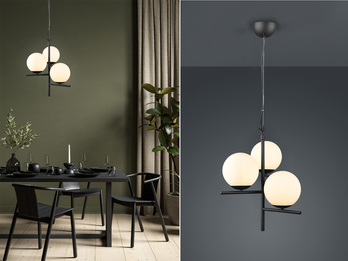 LED Pendelleuchte 3-flammig Schwarz mit Kugel Lampenschirmen Glas Weiß, Ø 40cm