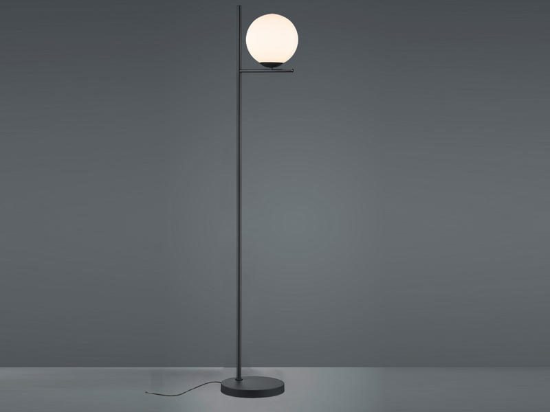 LED Stehlampe in Schwarz matt mit Kugel Lampenschirm aus Glas weiß