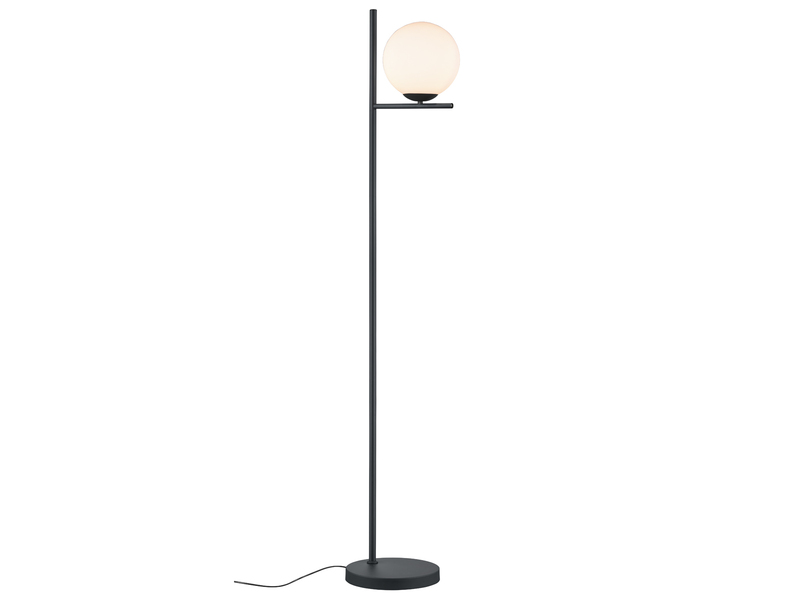 LED Stehlampe in Schwarz matt mit Kugel Lampenschirm aus Glas weiß