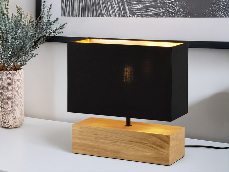 Tischleuchte WOODY Holzfuß Stoffschirm Schwarz/Gold, Höhe 30cm