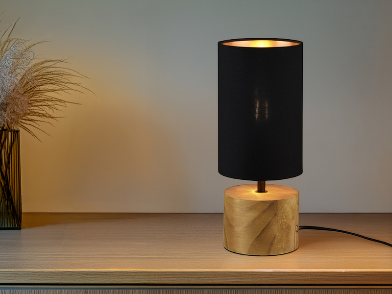 Tischlampe WOODY mit Holzfuß & Stoffschirm Schwarz Gold, Höhe 30cm
