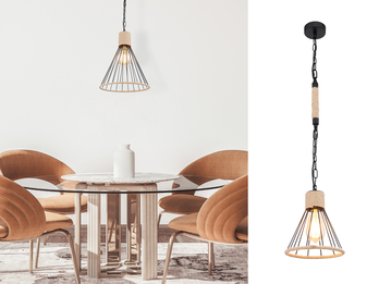 Pendelleuchte HALIA Drahtlampe Metall Schwarz mit Hanfseil, Ø 35cm