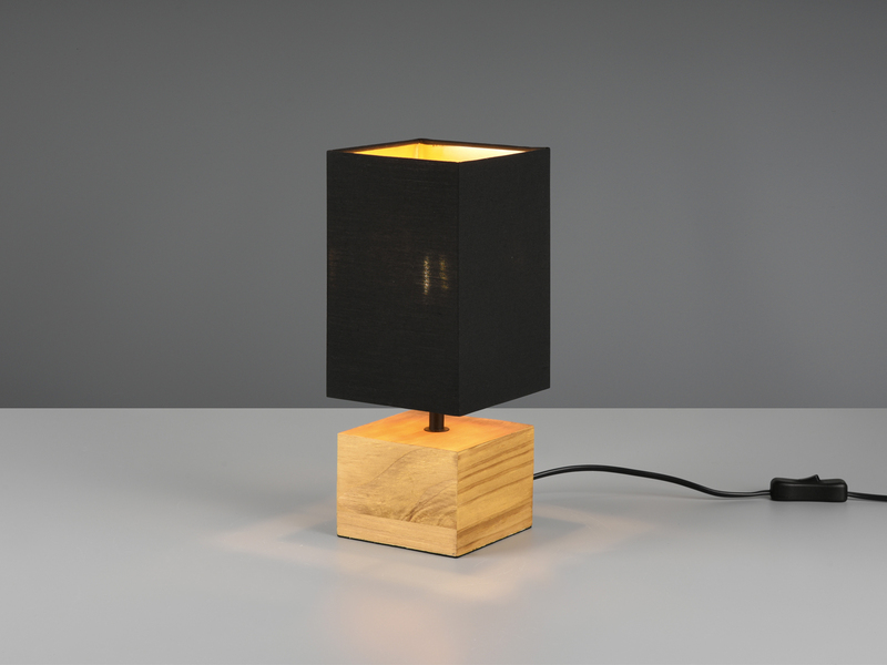 LED Tischleuchte mit Holzfuß Stoffschirm Schwarz / Gold, Höhe 30cm