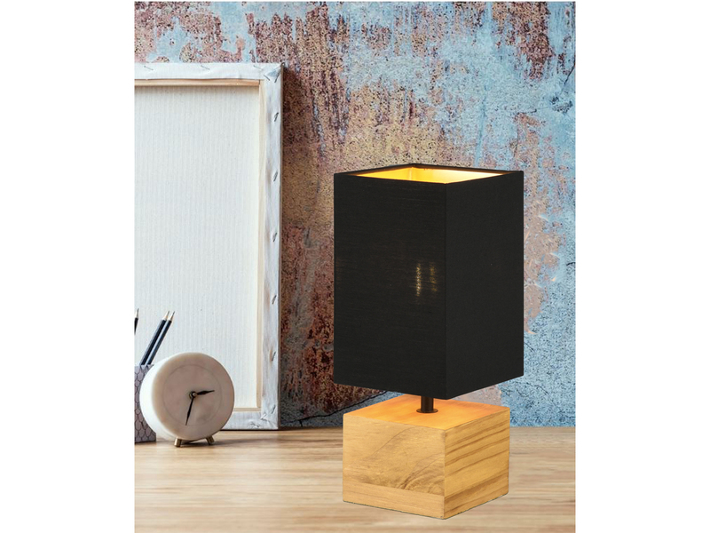 LED Tischleuchte mit Holzfuß Stoffschirm Schwarz / Gold, Höhe 30cm