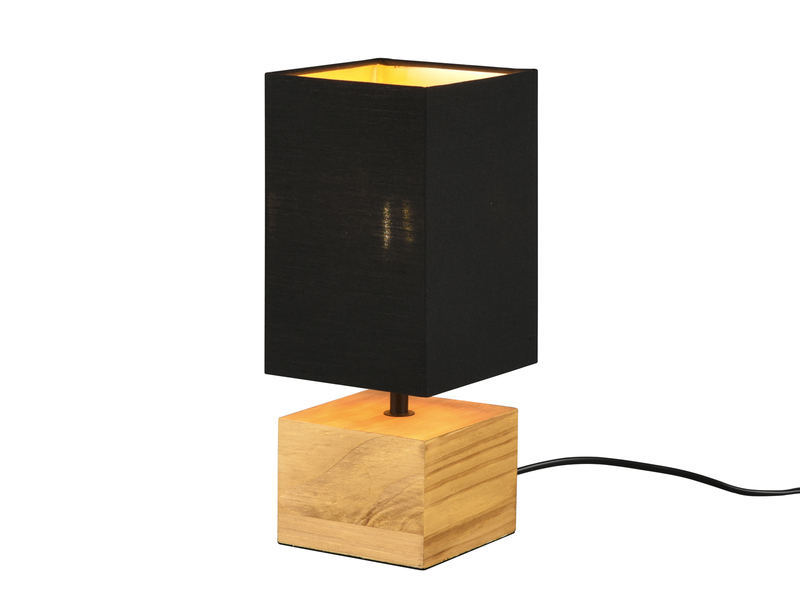 LED Tischleuchte mit Holzfuß Stoffschirm Schwarz / Gold, Höhe 30cm