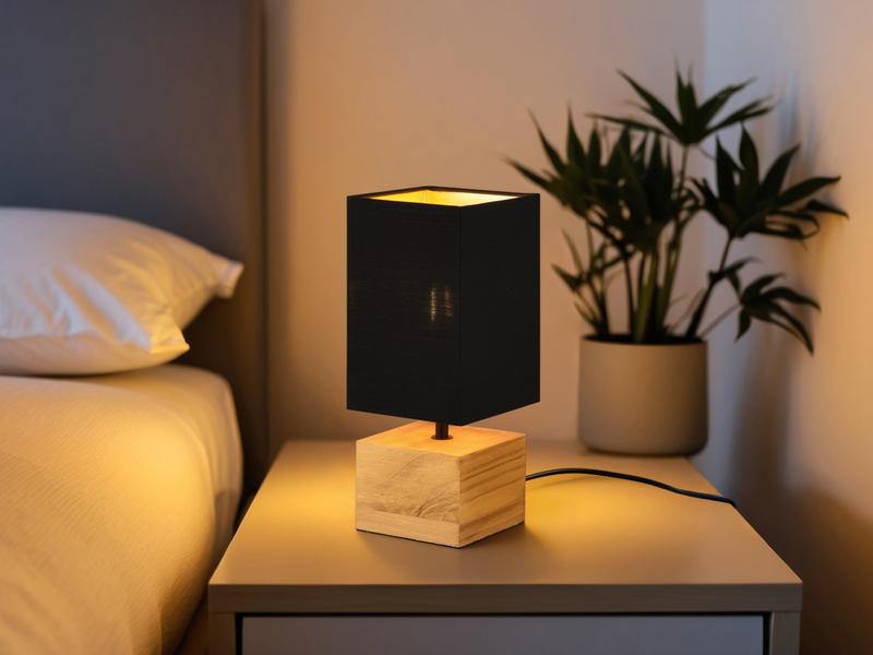 LED Tischleuchte mit Holzfuß Stoffschirm Schwarz / Gold, Höhe 30cm