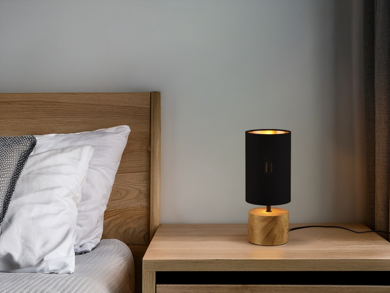 LED Tischleuchte mit Holzfuß & Stoffschirm Schwarz Gold, Höhe 30cm