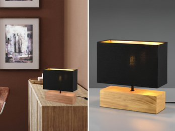 LED Tischleuchte Holzfuß Stoffschirm Schwarz/Gold 12x30cm Höhe 30cm