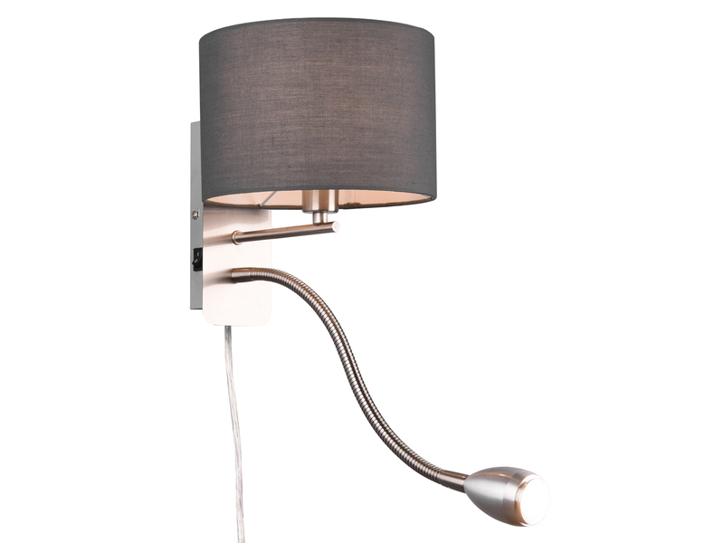 Wandlampe HOTEL mit Leselampe, Schalter & Stecker, Stoffschirm Grau, Höhe 23,5cm
