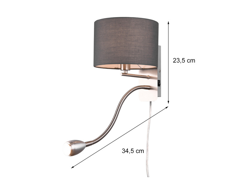Wandlampe HOTEL mit Leselampe, Schalter & Stecker, Stoffschirm Grau, Höhe 23,5cm