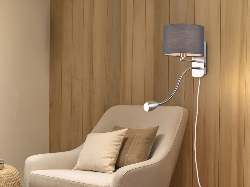 Wandleuchte HOTEL mit LED Leselampe & Stecker, Stoffschirm Grau, Höhe 23,5cm