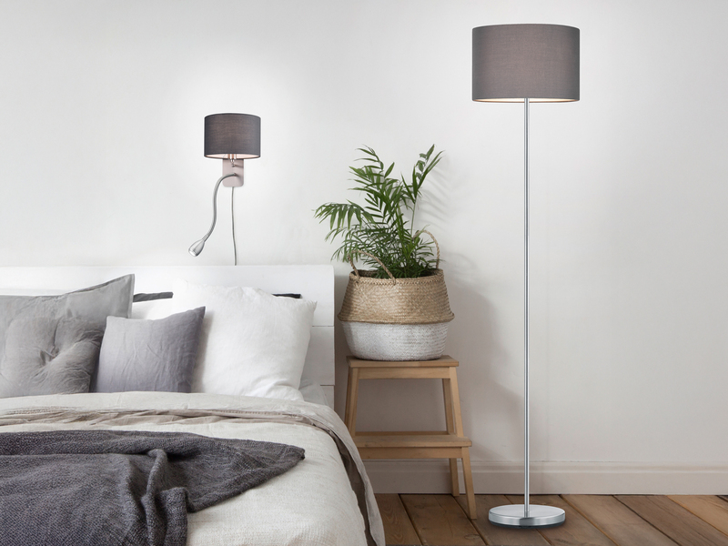 Wandleuchte HOTEL mit LED Leselampe & Stecker, Stoffschirm Grau, Höhe 23,5cm