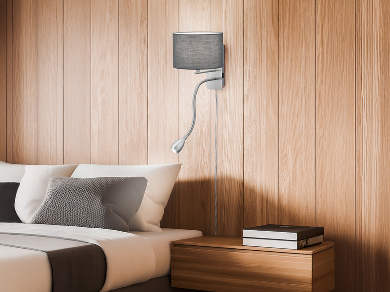 Wandleuchte HOTEL mit LED Leselampe & Stecker, Stoffschirm Grau, Höhe 23,5cm