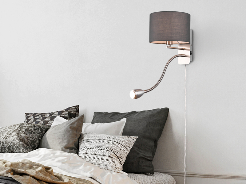 Wandleuchte HOTEL mit LED Leselampe & Stecker, Stoffschirm Grau, Höhe 23,5cm