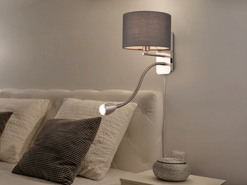 Wandlampe HOTEL mit Leselampe, Schalter & Stecker, Stoffschirm Grau, Höhe 23,5cm