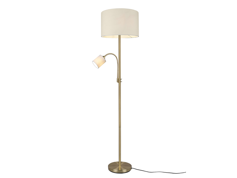 Große Stehlampe HOTEL Messing mit Leselampe & E27 Stoffschirm Creme, Höhe 170cm
