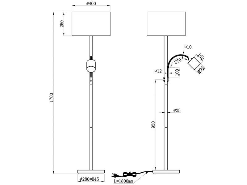 Große Stehlampe HOTEL Messing mit Leselampe & E27 Stoffschirm Creme, Höhe 170cm