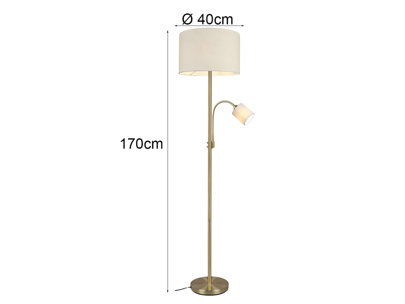 Große Stehlampe HOTEL Messing mit Leselampe & E27 Stoffschirm Creme, Höhe 170cm