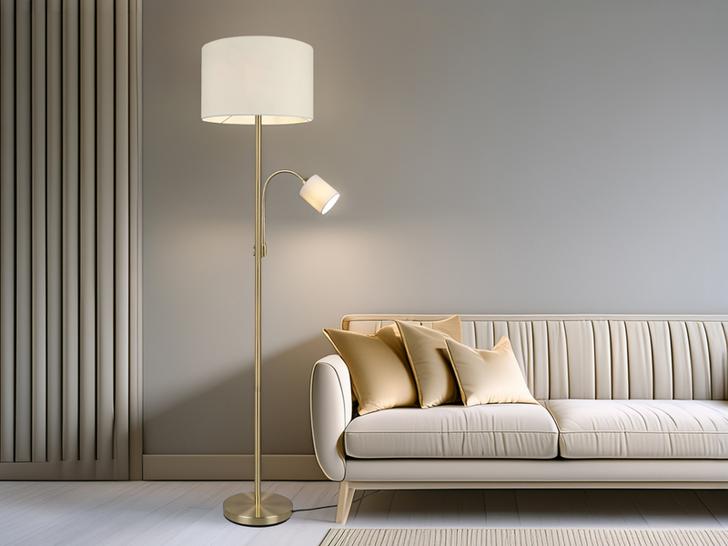 Große Stehlampe HOTEL Messing mit Leselampe & E27 Stoffschirm Creme, Höhe 170cm