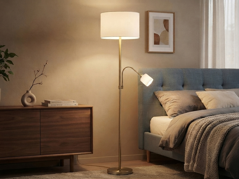 Große Stehlampe HOTEL Messing mit Leselampe & E27 Stoffschirm Creme, Höhe 170cm