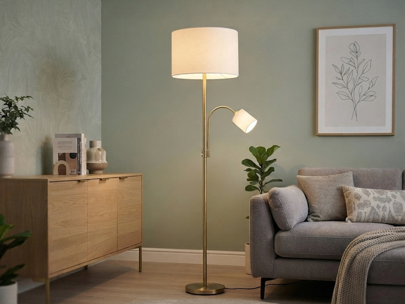 Große Stehlampe HOTEL Messing mit Leselampe & E27 Stoffschirm Creme, Höhe 170cm