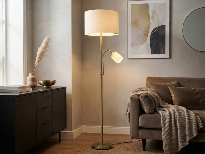 Große Stehlampe HOTEL Messing mit Leselampe & E27 Stoffschirm Creme, Höhe 170cm