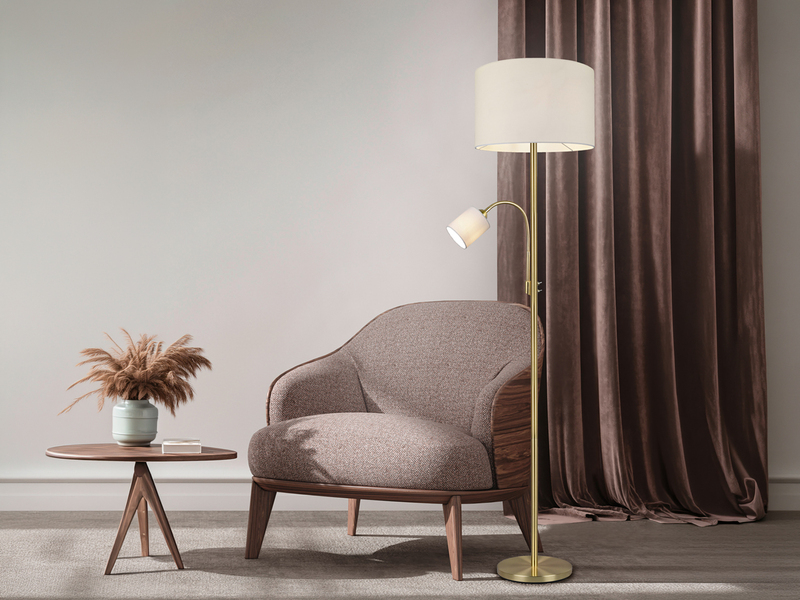 Große Stehlampe HOTEL Messing mit Leselampe & E27 Stoffschirm Creme, Höhe 170cm