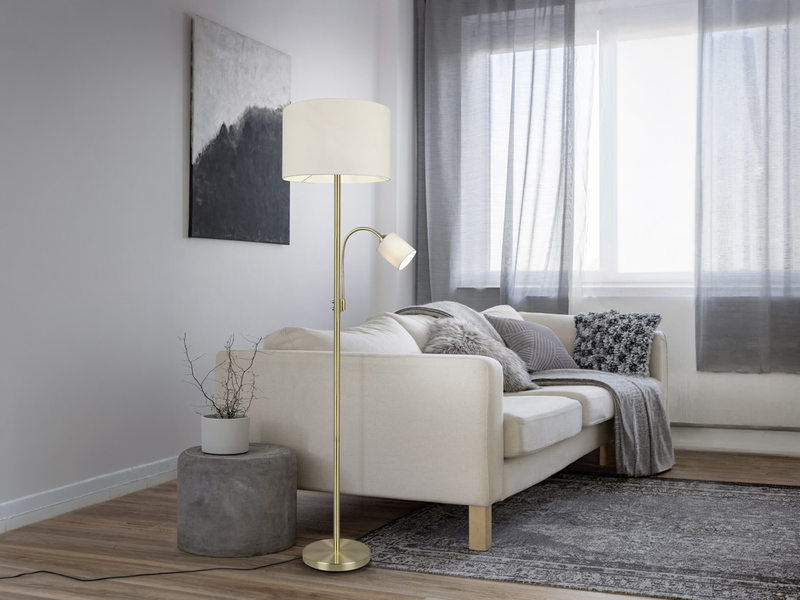 Große Stehlampe HOTEL Messing mit Leselampe & E27 Stoffschirm Creme, Höhe 170cm