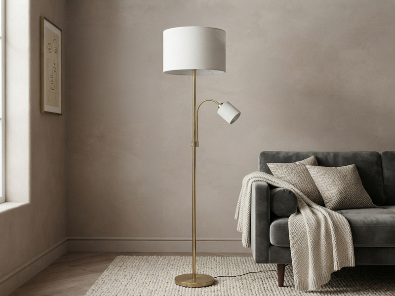 Große Stehlampe HOTEL Messing mit Leselampe & E27 Stoffschirm Creme, Höhe 170cm