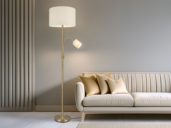 Große Stehlampe HOTEL Messing mit Leselampe & E27 Stoffschirm Creme, Höhe 170cm Große Stehlampe HOTEL Messing mit Leselampe & E27 Stoffschirm Creme, Höhe 170cm