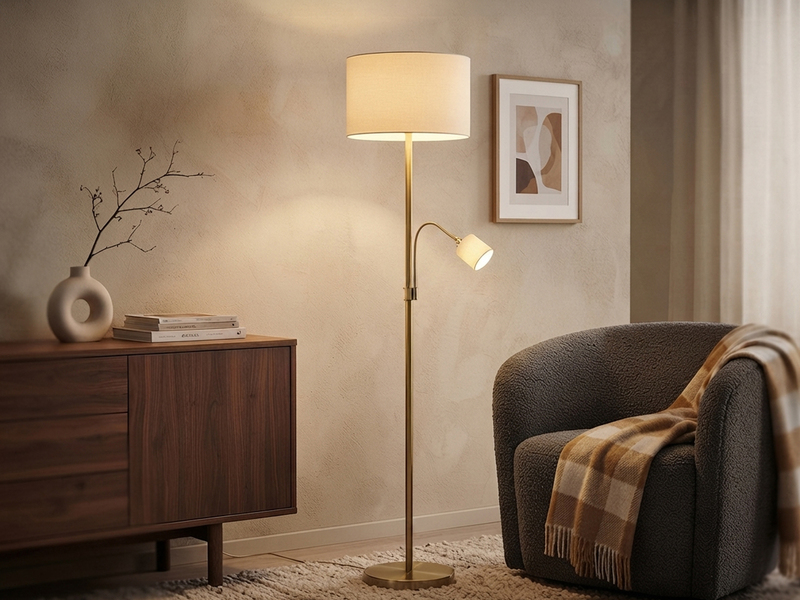 Große Stehlampe HOTEL Messing mit Leselampe & E27 Stoffschirm Creme, Höhe 170cm