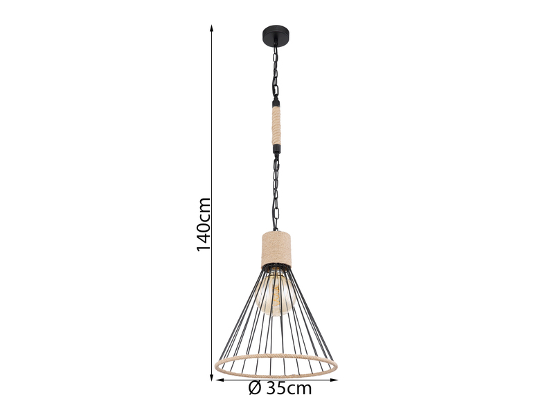 LED Pendelleuchte Drahtlampe Metall Schwarz mit Hanfseil, Ø 35cm
