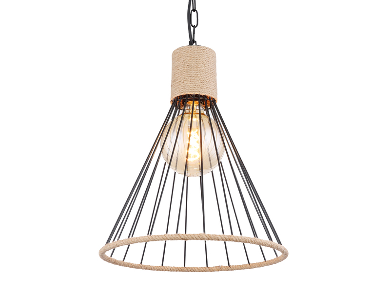 LED Pendelleuchte Drahtlampe Metall Schwarz mit Hanfseil, Ø 35cm