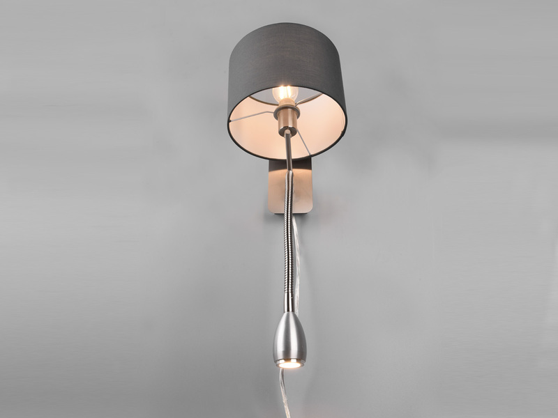LED Wandleuchte mit Leselampe, Schalter & Stecker, Stoffschirm Grau, Höhe 23,5cm