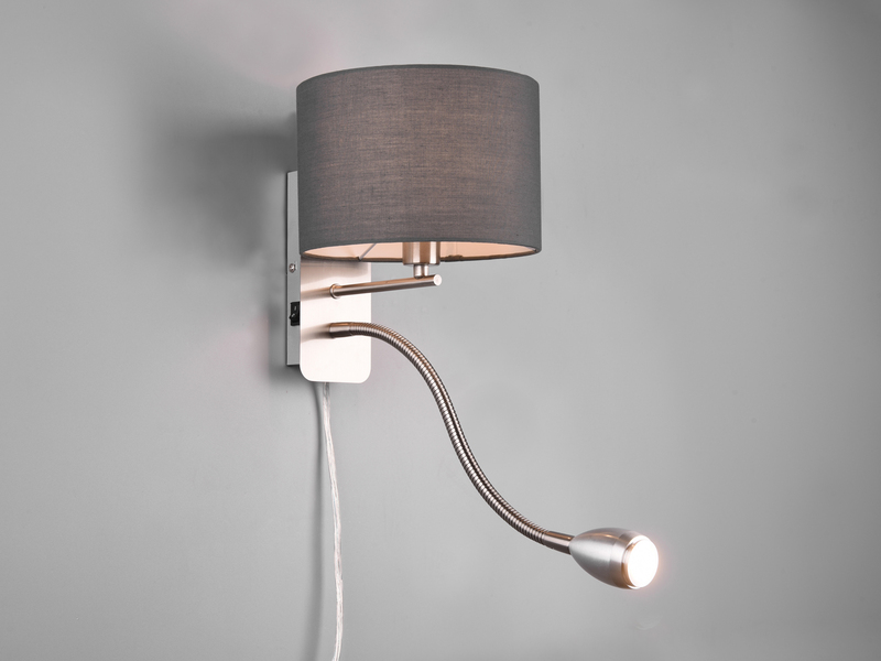 LED Wandleuchte mit Leselampe, Schalter & Stecker, Stoffschirm Grau, Höhe 23,5cm