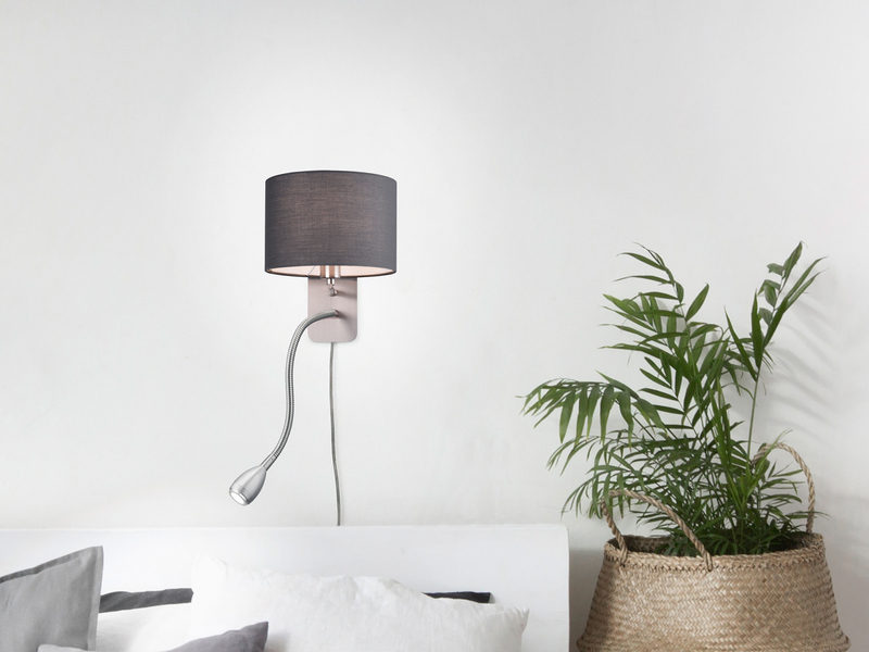 LED Wandleuchte Silber matt mit Stoffschirm Grau & Leselampe, Höhe 23,5cm