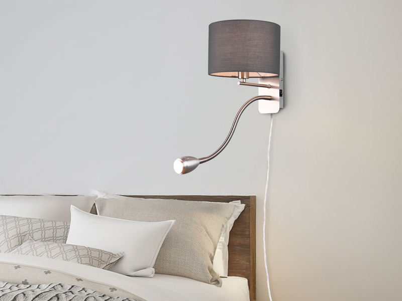 LED Wandleuchte mit Leselampe, Schalter & Stecker, Stoffschirm Grau, Höhe 23,5cm